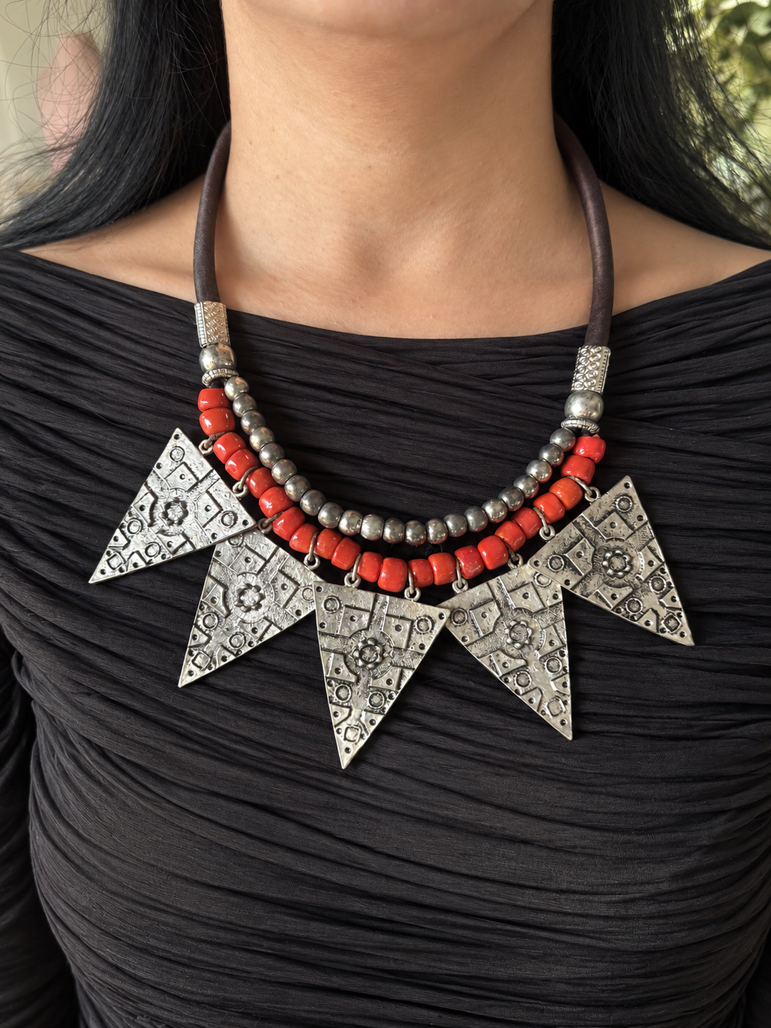 Red Beaded Tribal Triangle Necklace