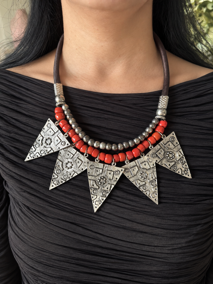 Red Beaded Tribal Triangle Necklace