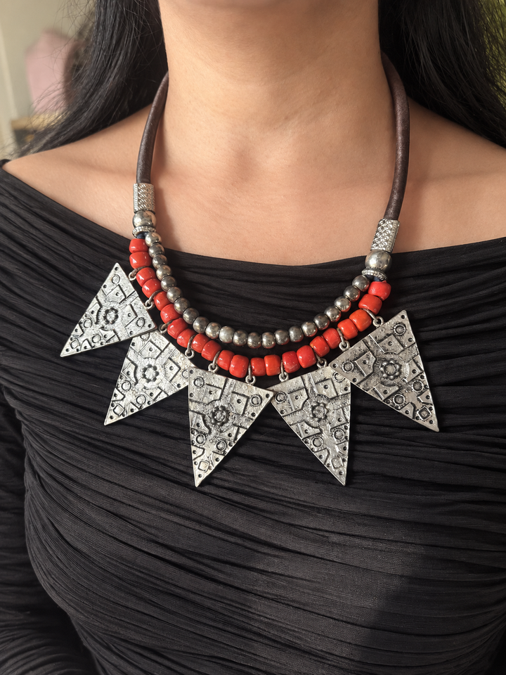 Red Beaded Tribal Triangle Necklace