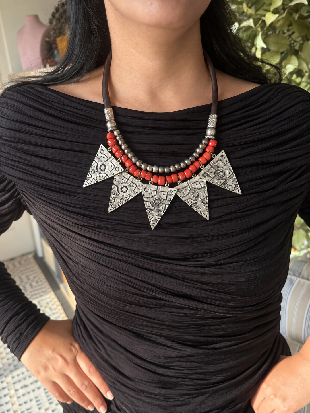 Red Beaded Tribal Triangle Necklace