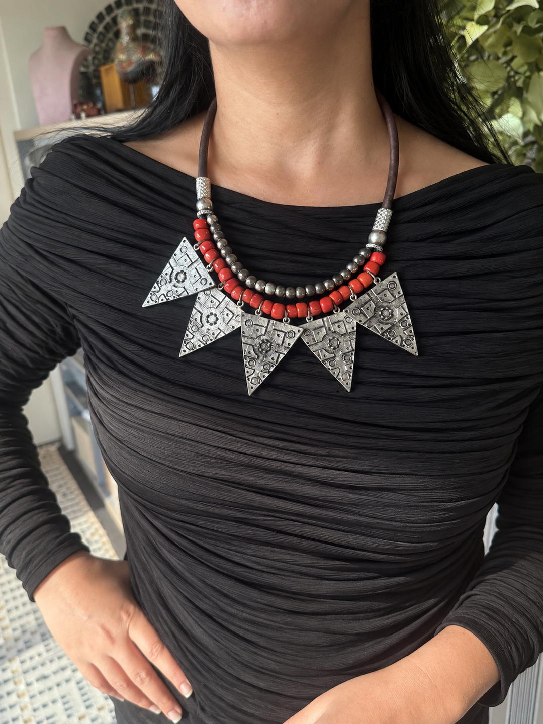 Red Beaded Tribal Triangle Necklace