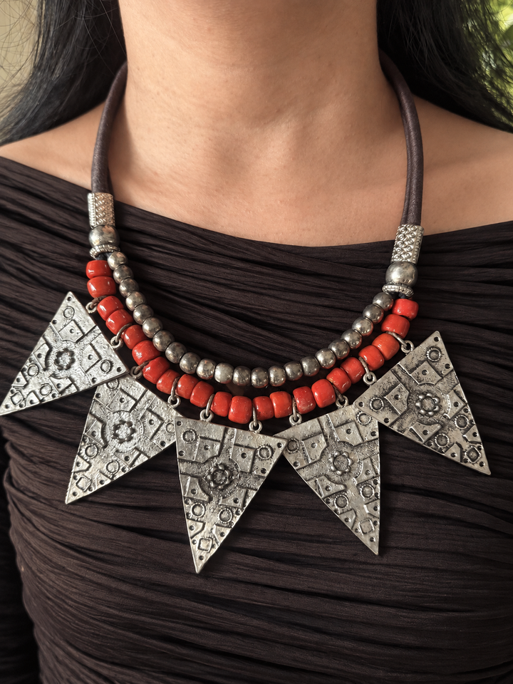 Red Beaded Tribal Triangle Necklace