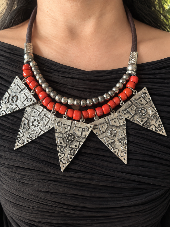 Red Beaded Tribal Triangle Necklace