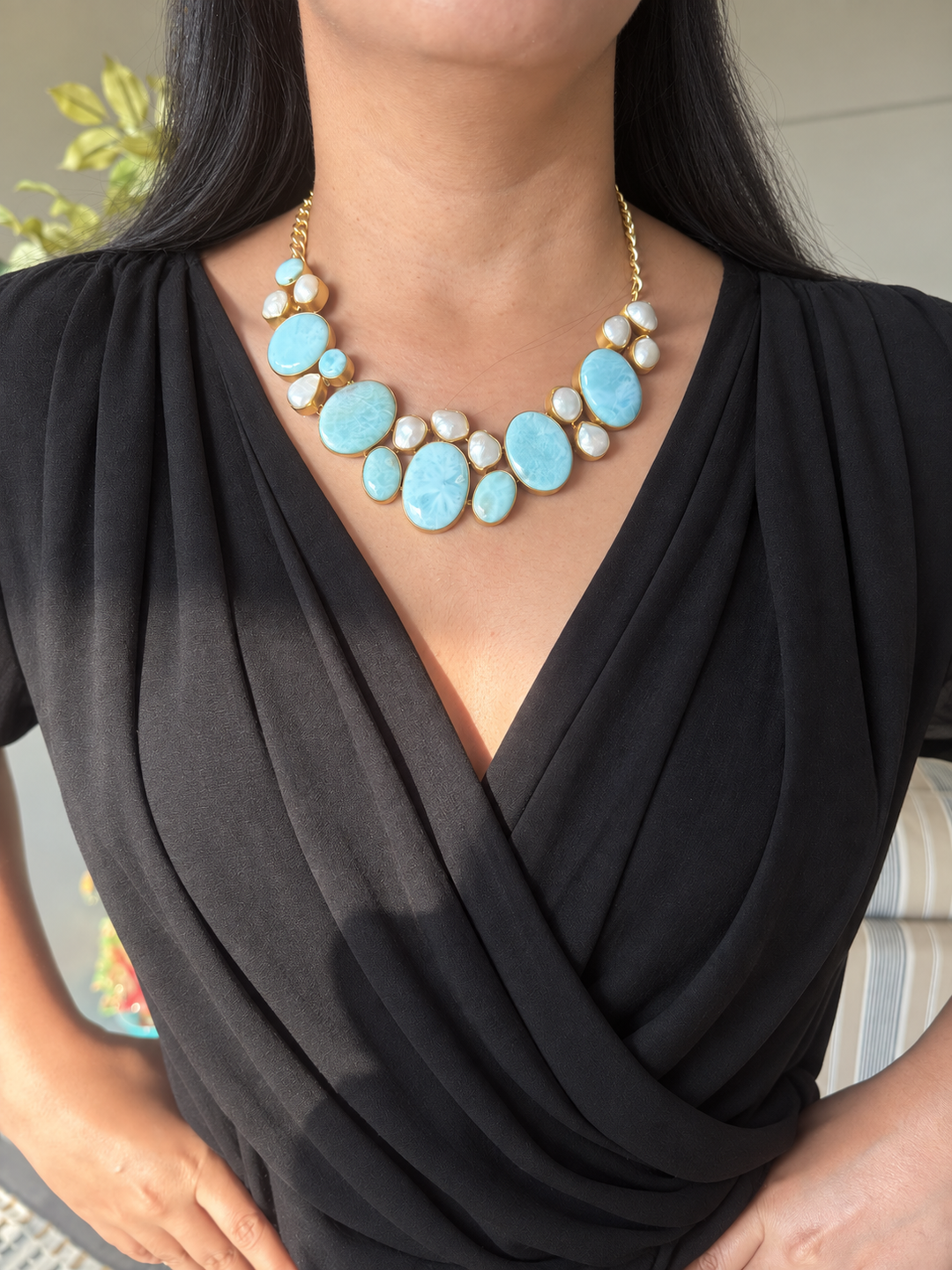 Larimar and Pearl Statement Necklace