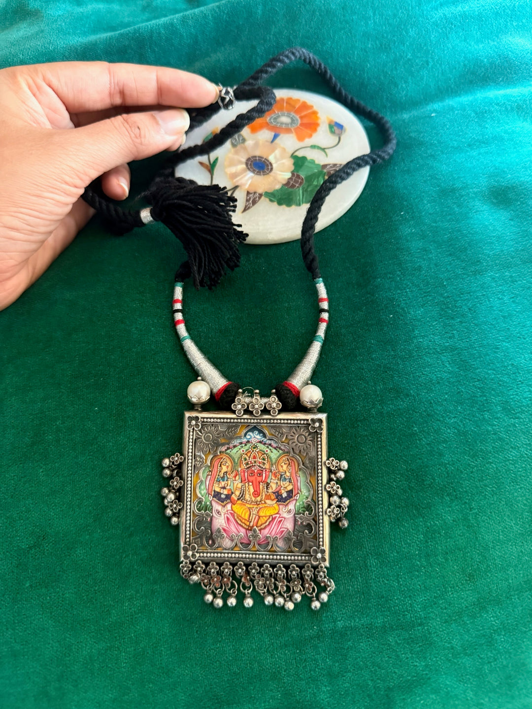 Handmade 925 Silver Handpainted Ganesha Necklace | SHIVKA