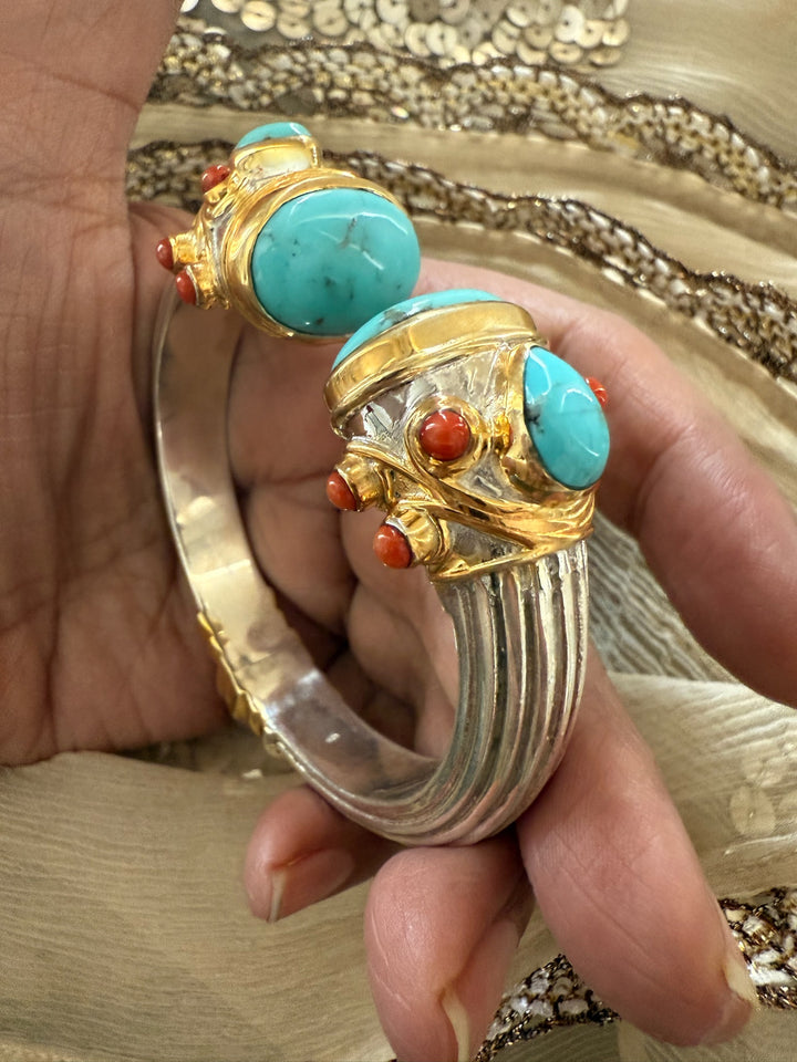 Statement Turquoise & Coral 925 Silver Kada – SHIVKA