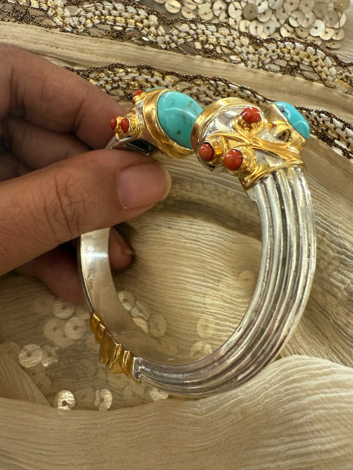 Statement Turquoise & Coral 925 Silver Kada – SHIVKA