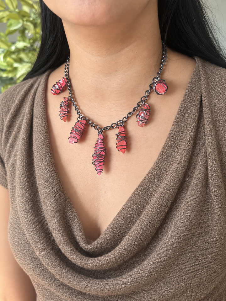 Pink Quartz Necklace in Black Rhodium Finish