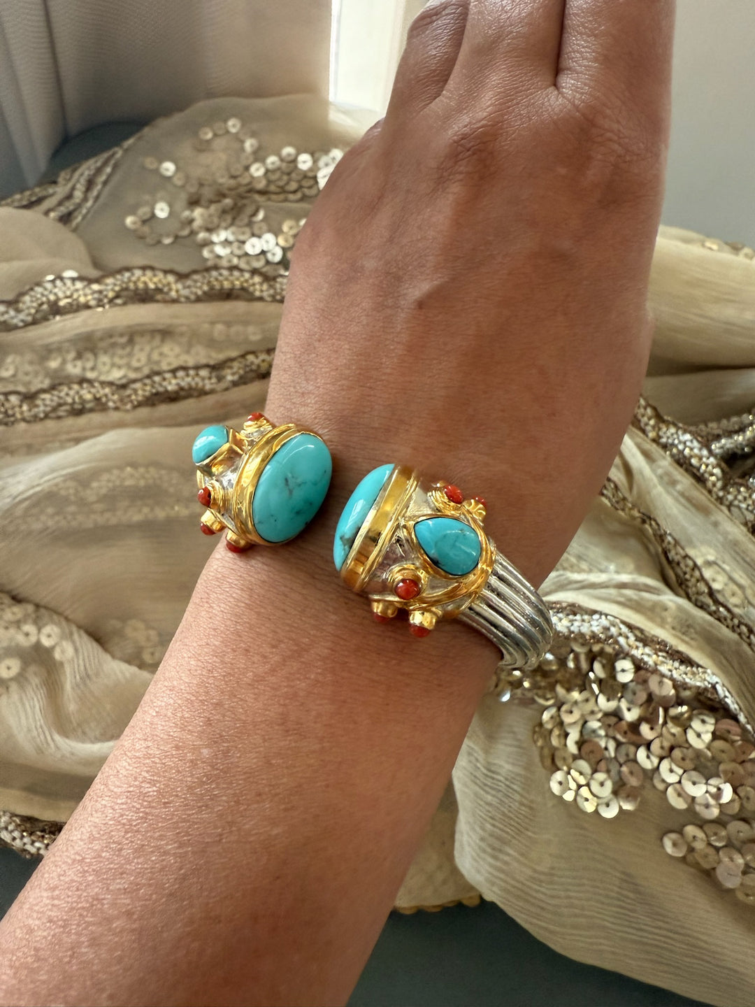 Statement Turquoise & Coral 925 Silver Kada – SHIVKA