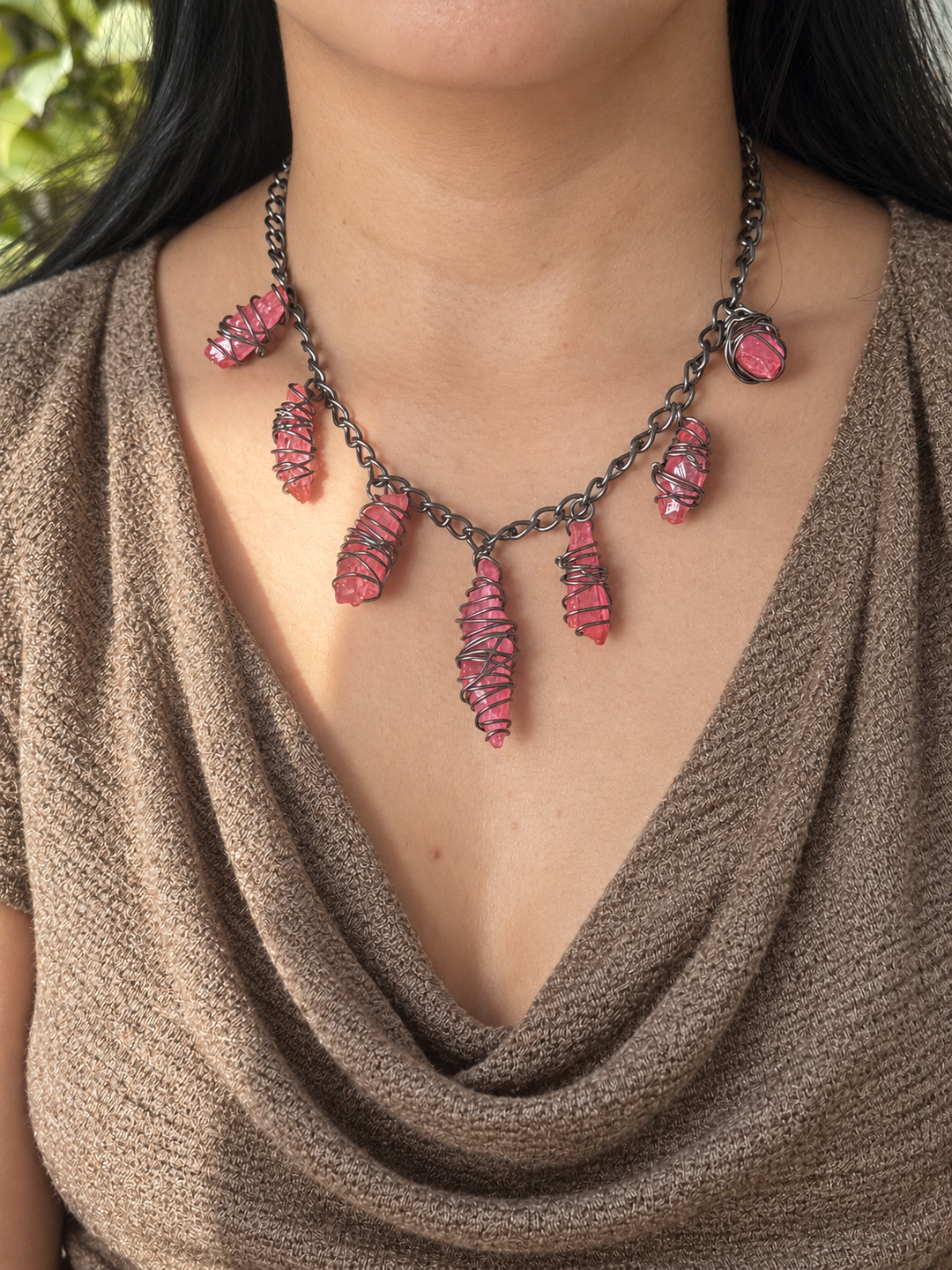 Pink Quartz Necklace in Black Rhodium Finish