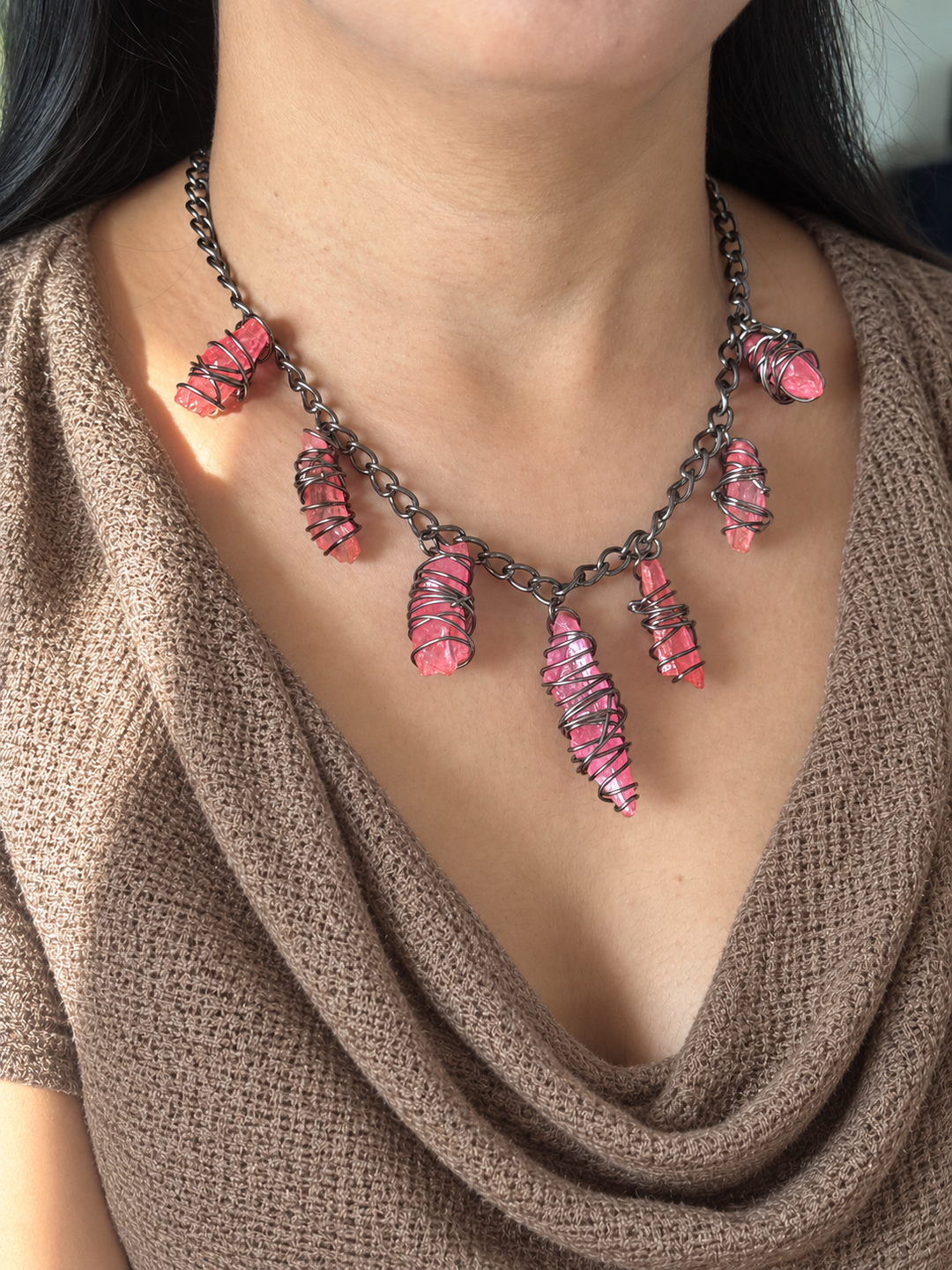 Pink Quartz Necklace in Black Rhodium Finish