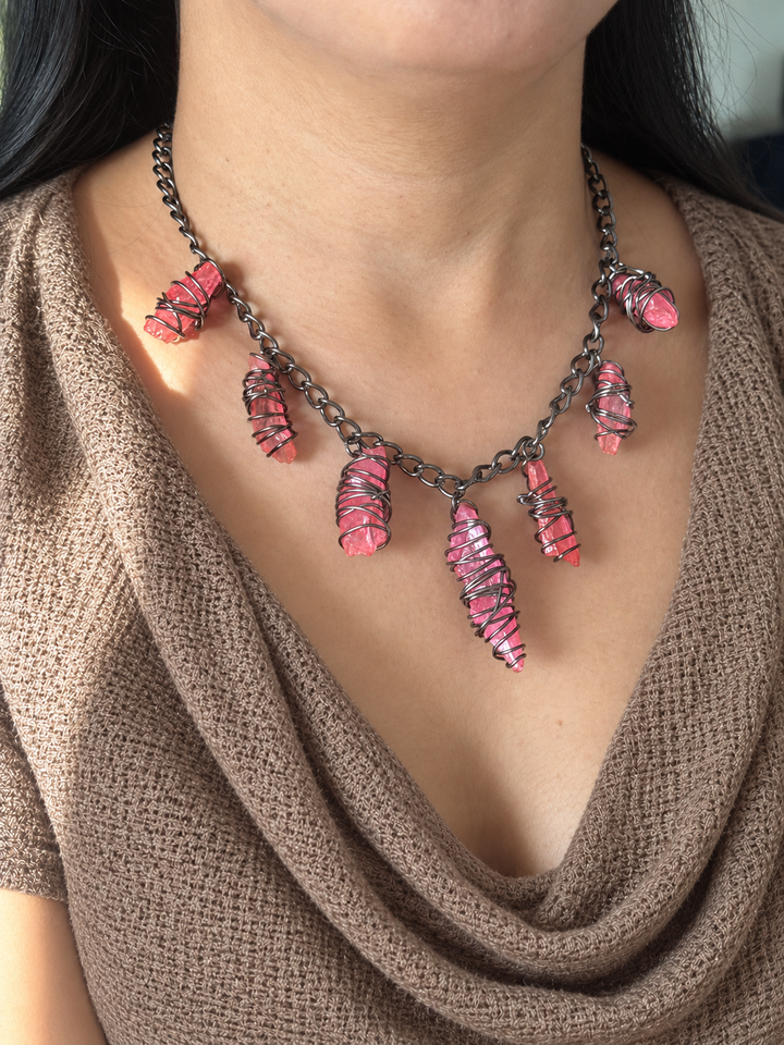 Pink Quartz Necklace in Black Rhodium Finish