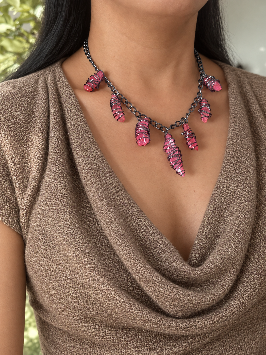 Pink Quartz Necklace in Black Rhodium Finish