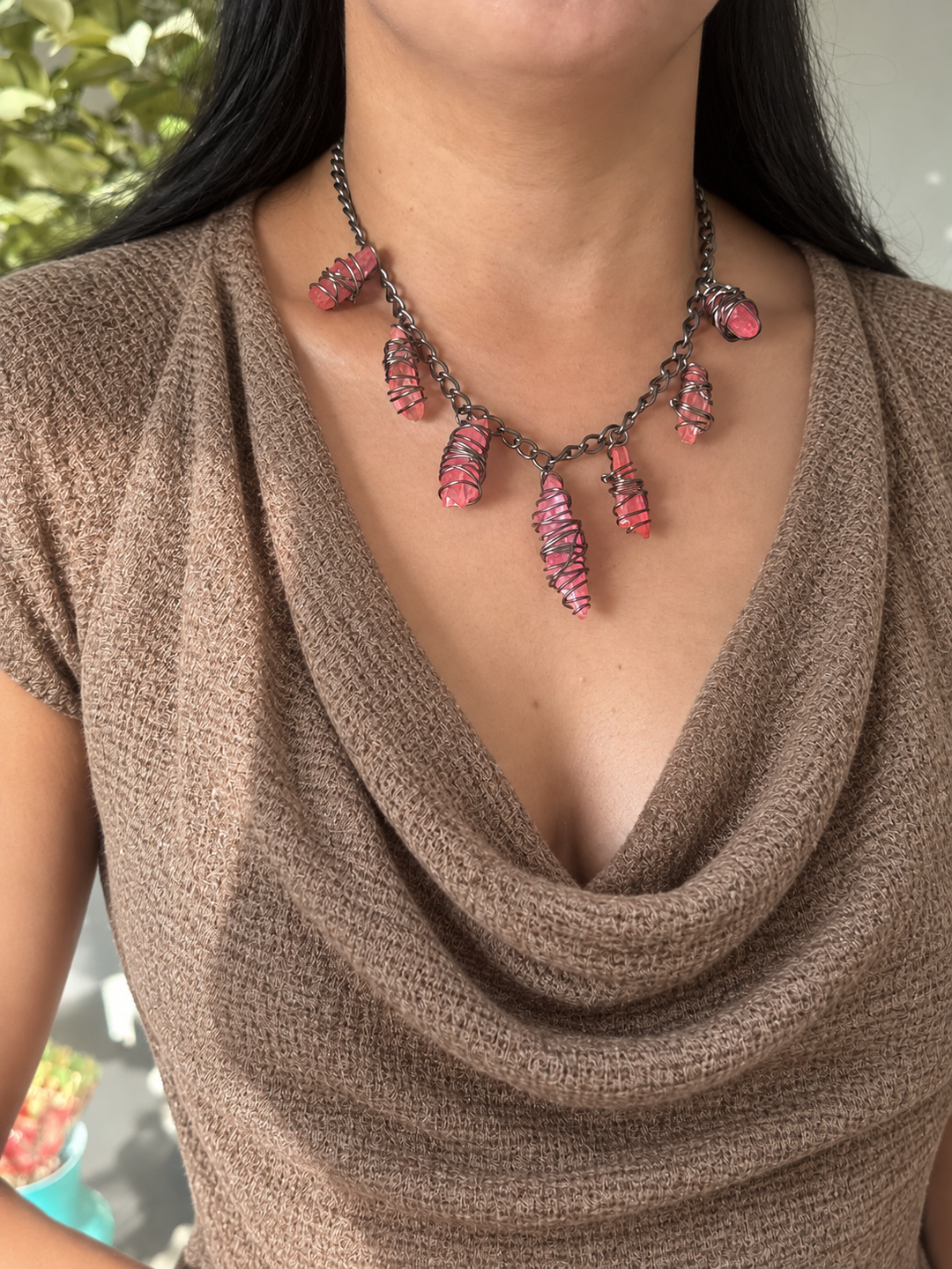 Pink Quartz Necklace in Black Rhodium Finish
