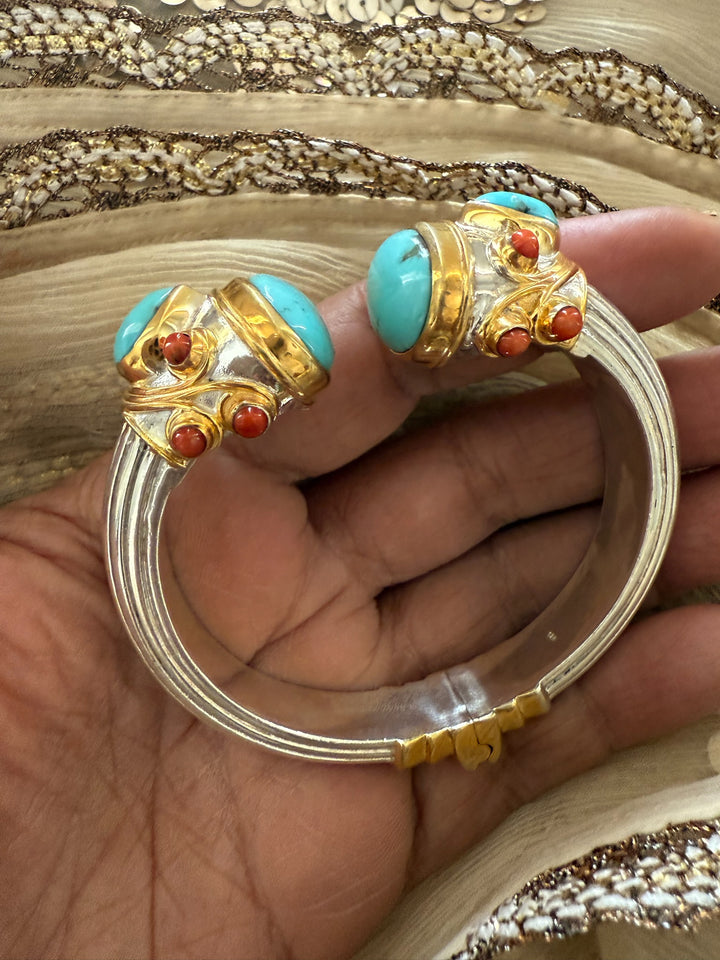 Statement Turquoise & Coral 925 Silver Kada – SHIVKA