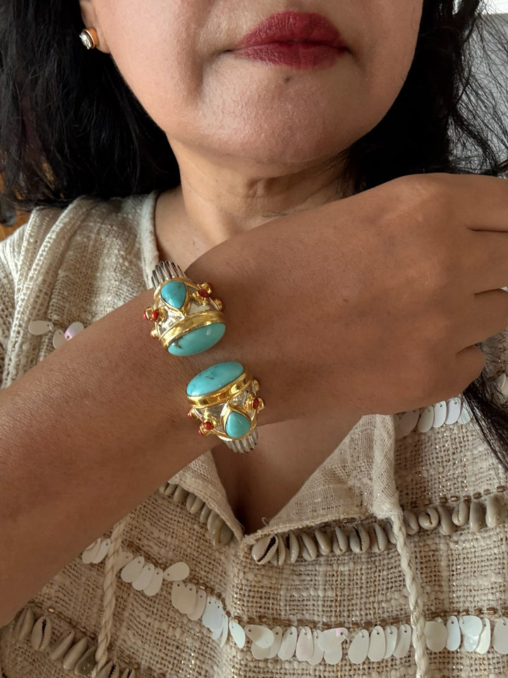 Statement Turquoise & Coral 925 Silver Kada – SHIVKA