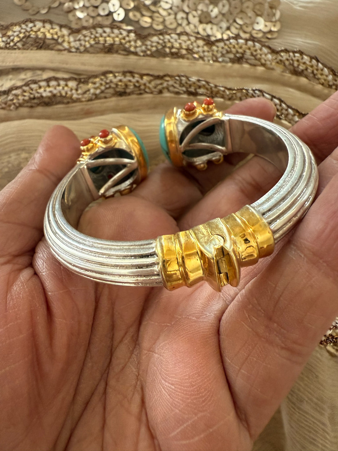 Statement Turquoise & Coral 925 Silver Kada – SHIVKA