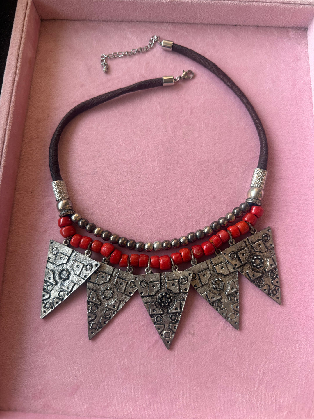 Red Beaded Tribal Triangle Necklace