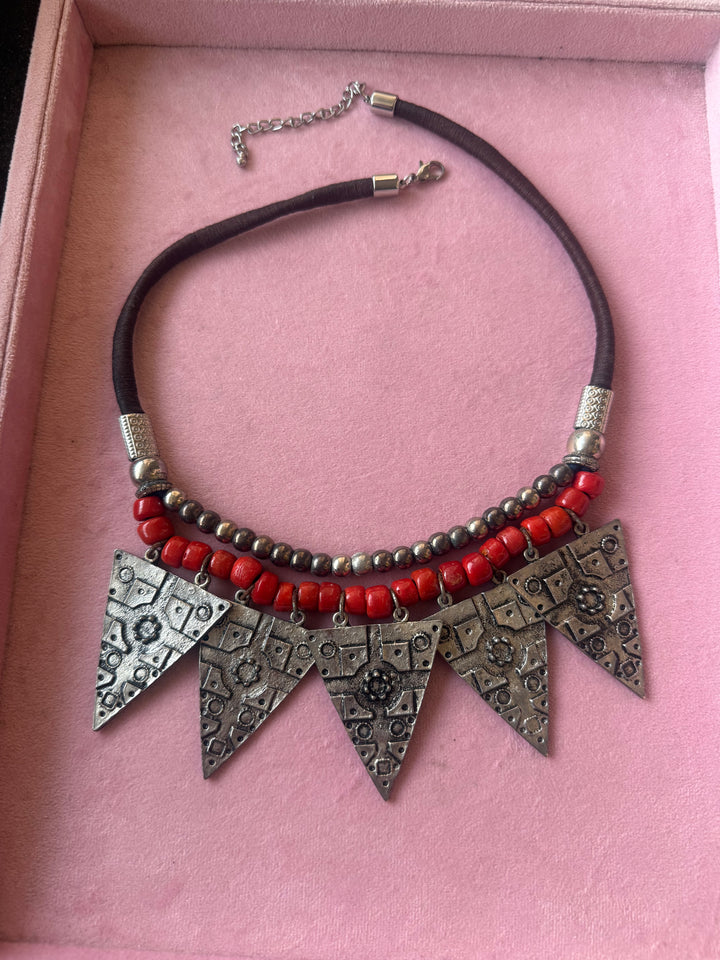 Red Beaded Tribal Triangle Necklace