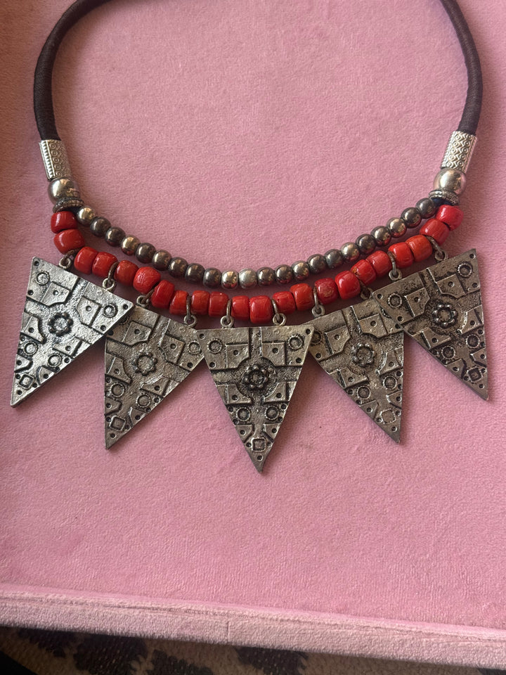 Red Beaded Tribal Triangle Necklace