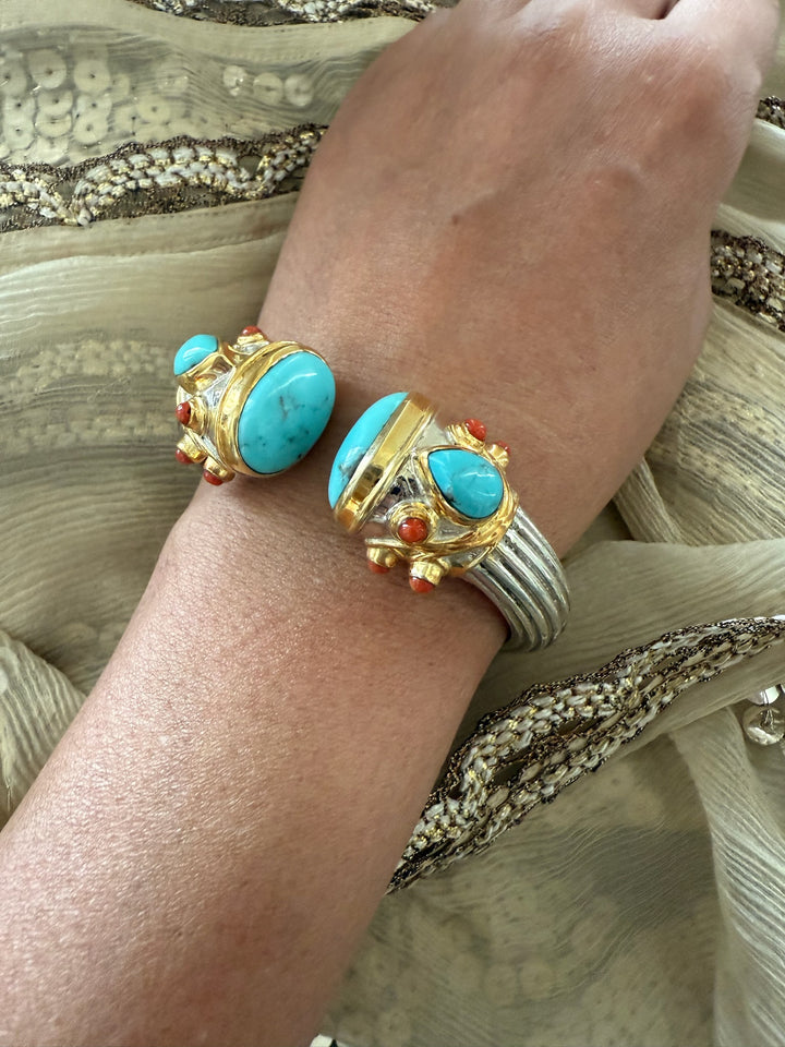 Statement Turquoise & Coral 925 Silver Kada – SHIVKA