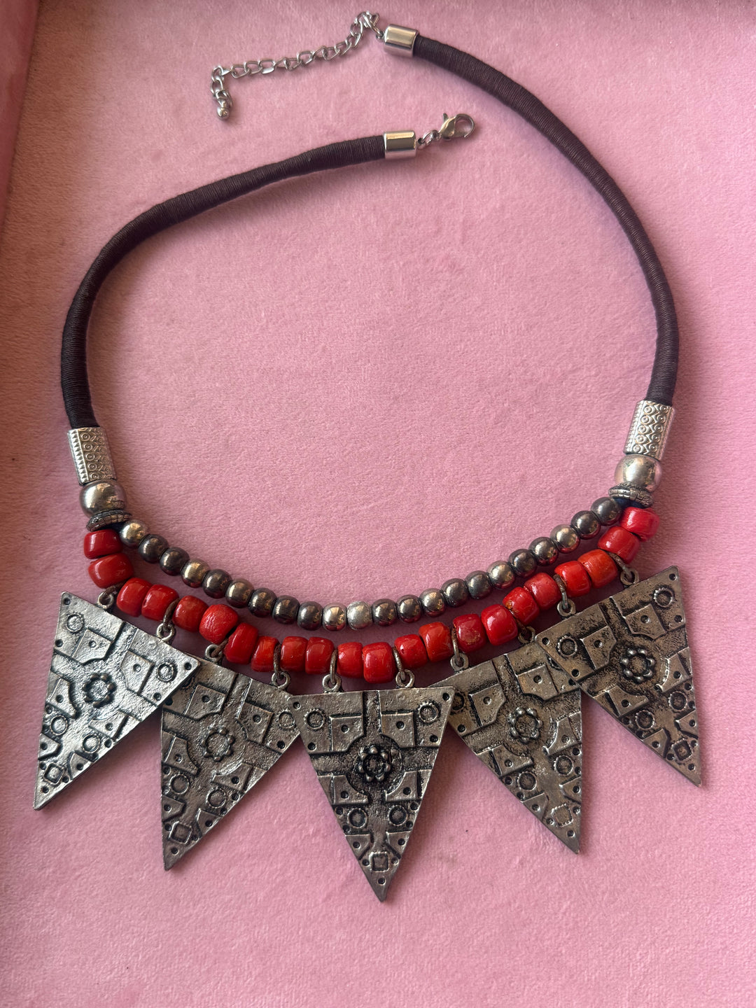 Red Beaded Tribal Triangle Necklace