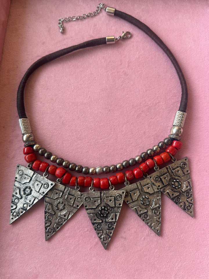 Red Beaded Tribal Triangle Necklace