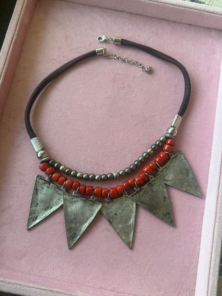 Red Beaded Tribal Triangle Necklace
