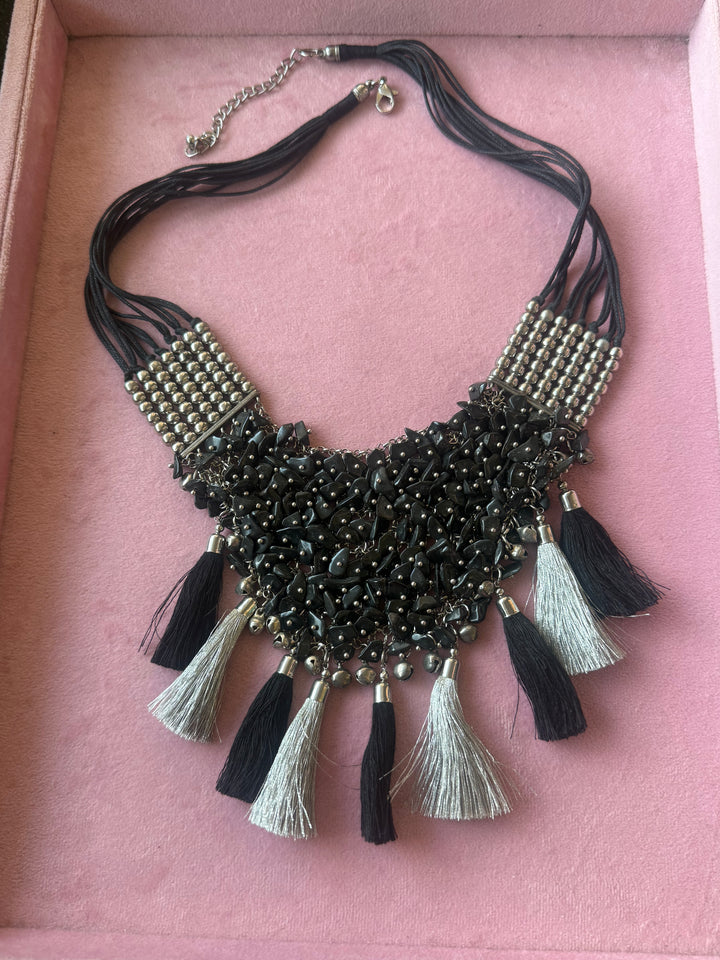 Black Beaded Tribal Tassel Necklace