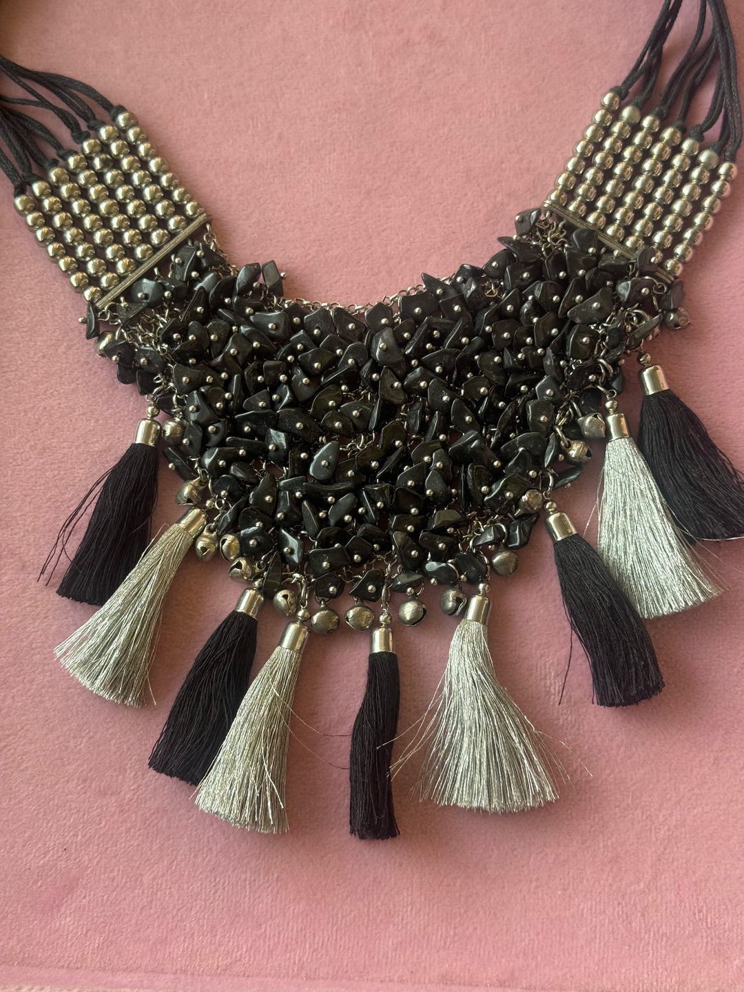 Black Beaded Tribal Tassel Necklace