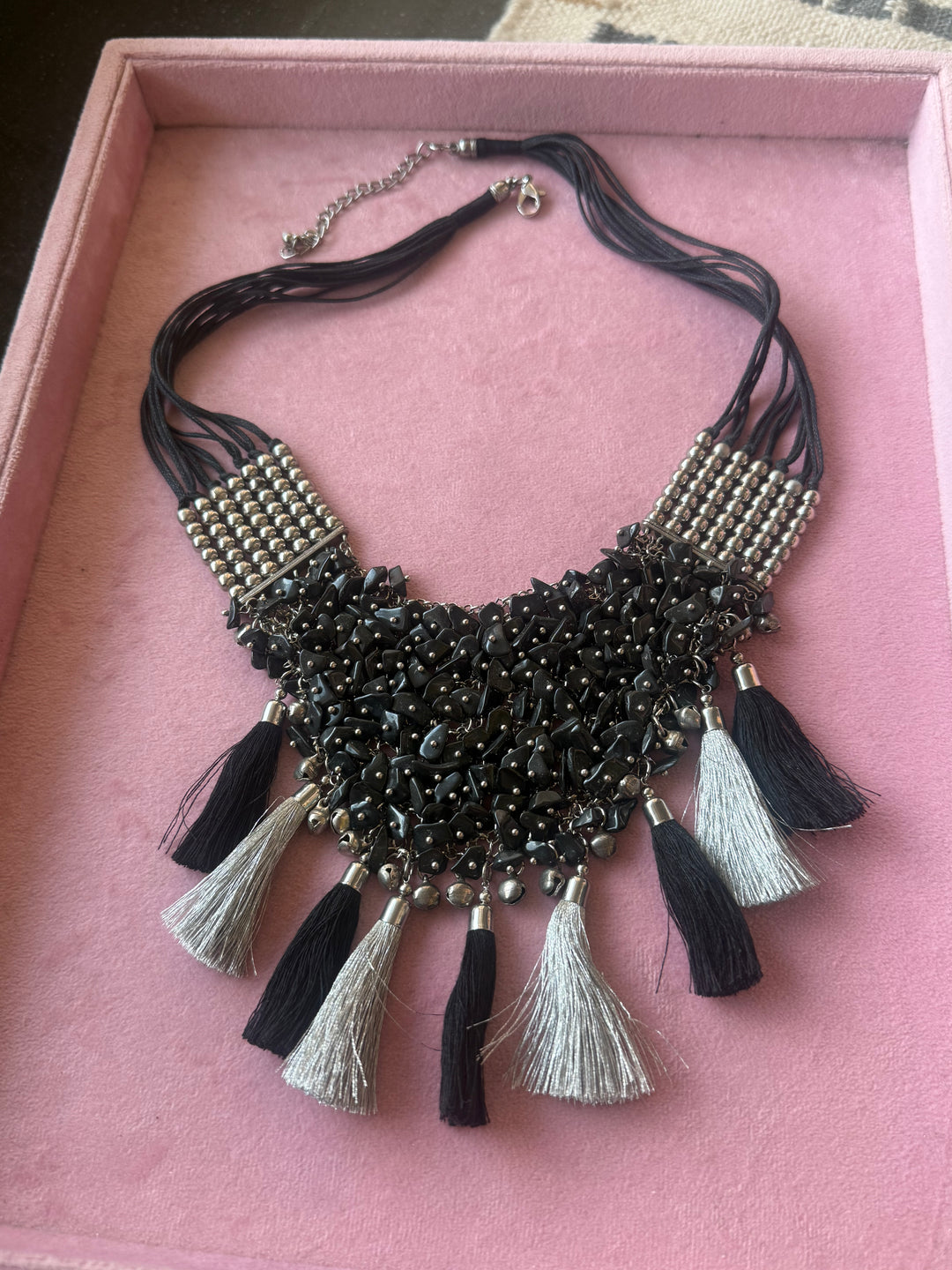 Black Beaded Tribal Tassel Necklace