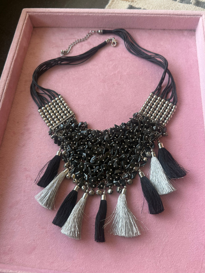 Black Beaded Tribal Tassel Necklace