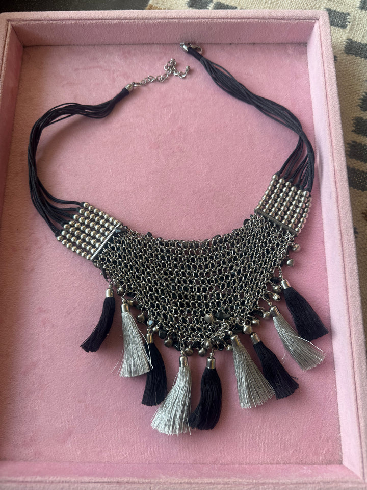 Black Beaded Tribal Tassel Necklace