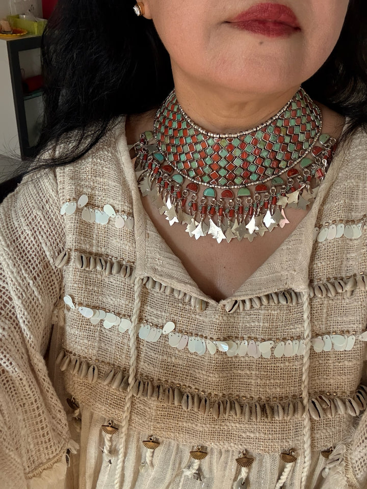 Tasseled 925 Silver Coral & Turquoise Choker Set– SHIVKA