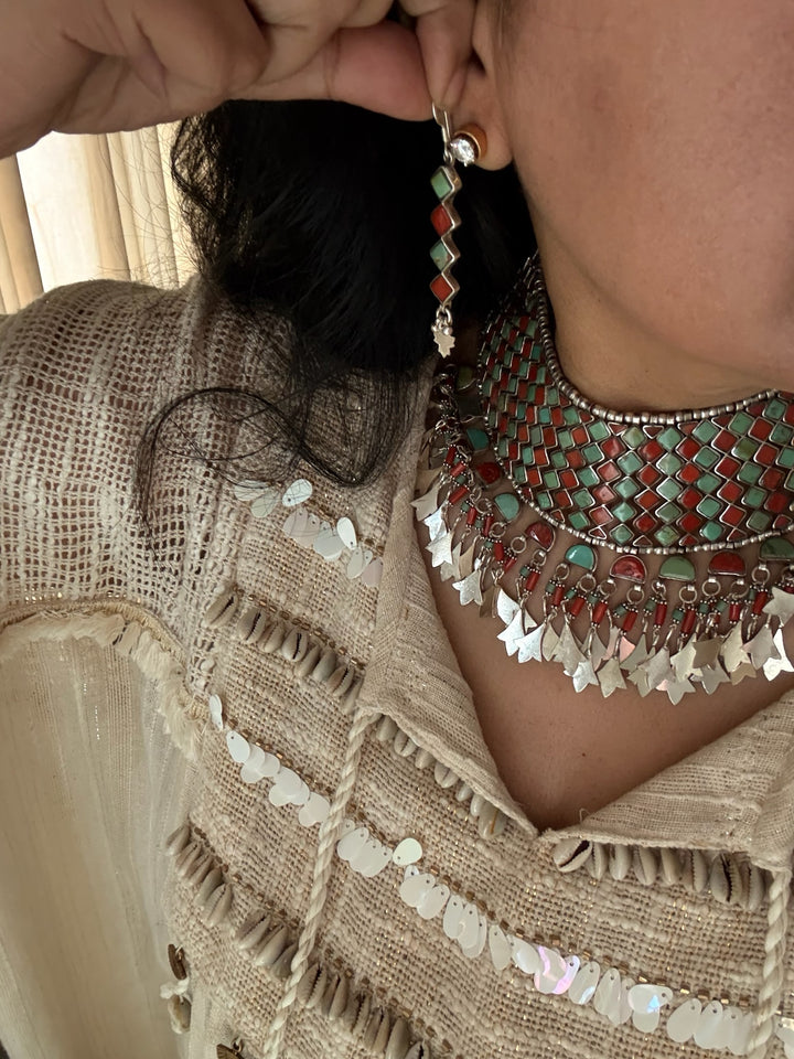 Tasseled 925 Silver Coral & Turquoise Choker Set– SHIVKA