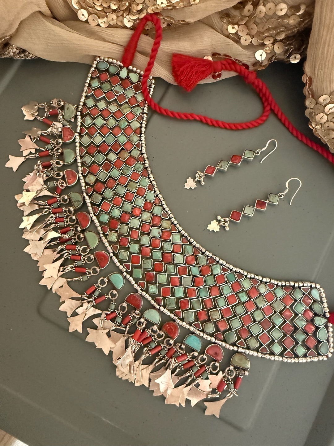 Tasseled 925 Silver Coral & Turquoise Choker Set– SHIVKA