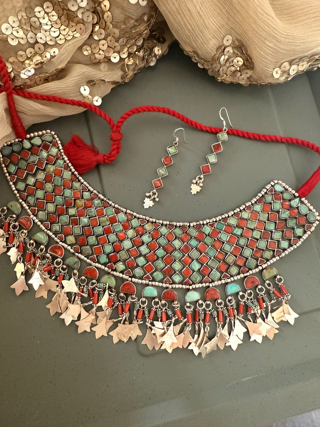 Tasseled 925 Silver Coral & Turquoise Choker Set– SHIVKA