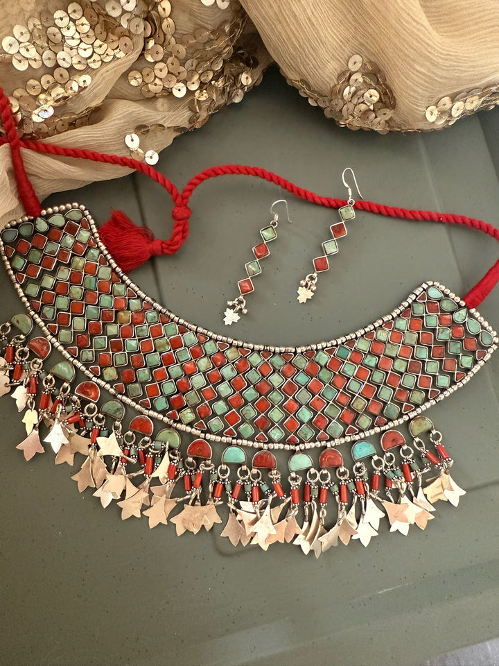 Tasseled 925 Silver Coral & Turquoise Choker Set– SHIVKA