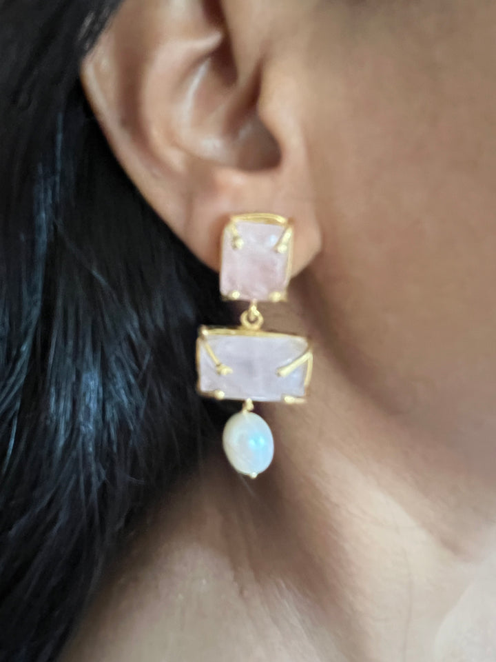 Natural Rose Quartz Pearl Earrings - Premium Quality, Exquisite Craftsmanship