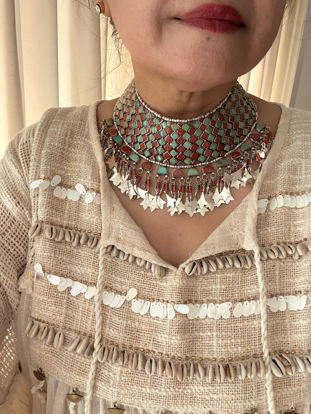 Tasseled 925 Silver Coral & Turquoise Choker Set– SHIVKA