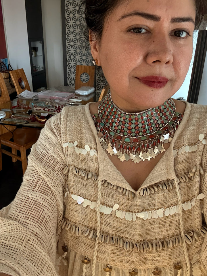 Tasseled 925 Silver Coral & Turquoise Choker Set– SHIVKA