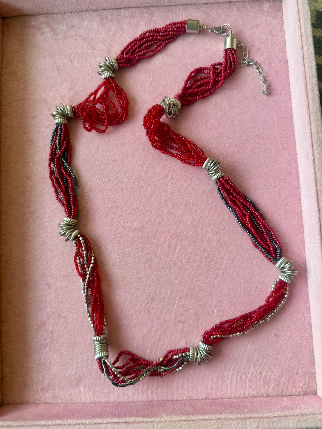 Red Beaded Necklace with Silver Spirals