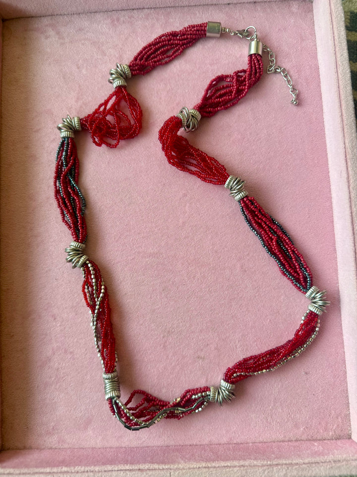 Red Beaded Necklace with Silver Spirals