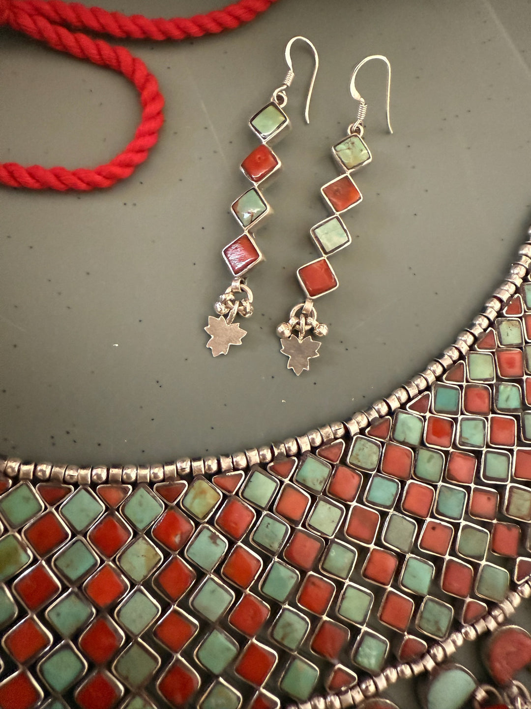 Tasseled 925 Silver Coral & Turquoise Choker Set– SHIVKA