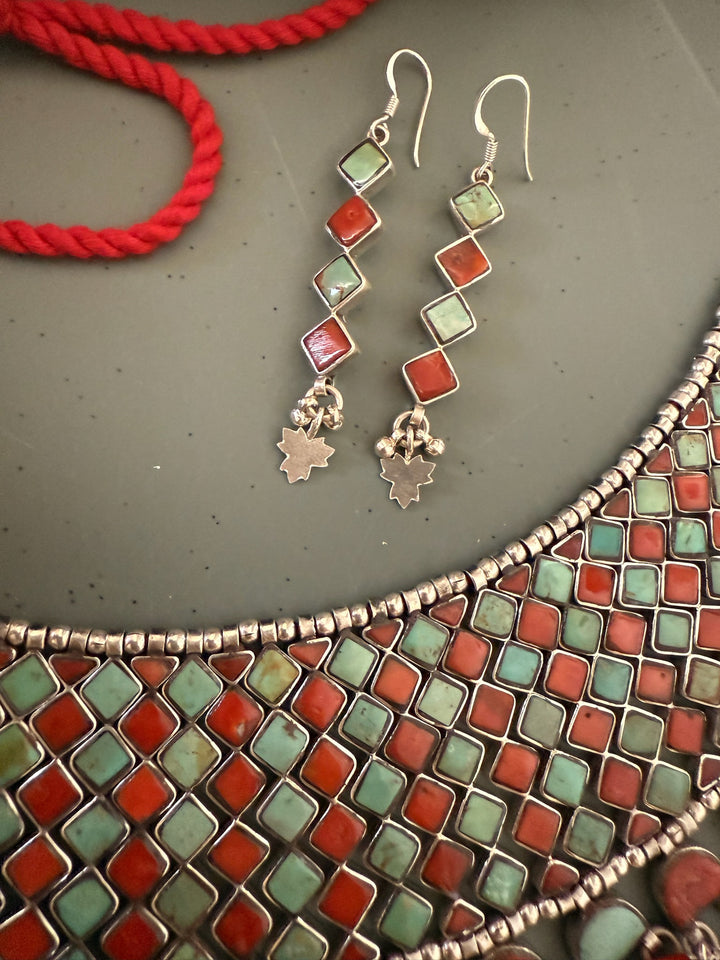 Tasseled 925 Silver Coral & Turquoise Choker Set– SHIVKA