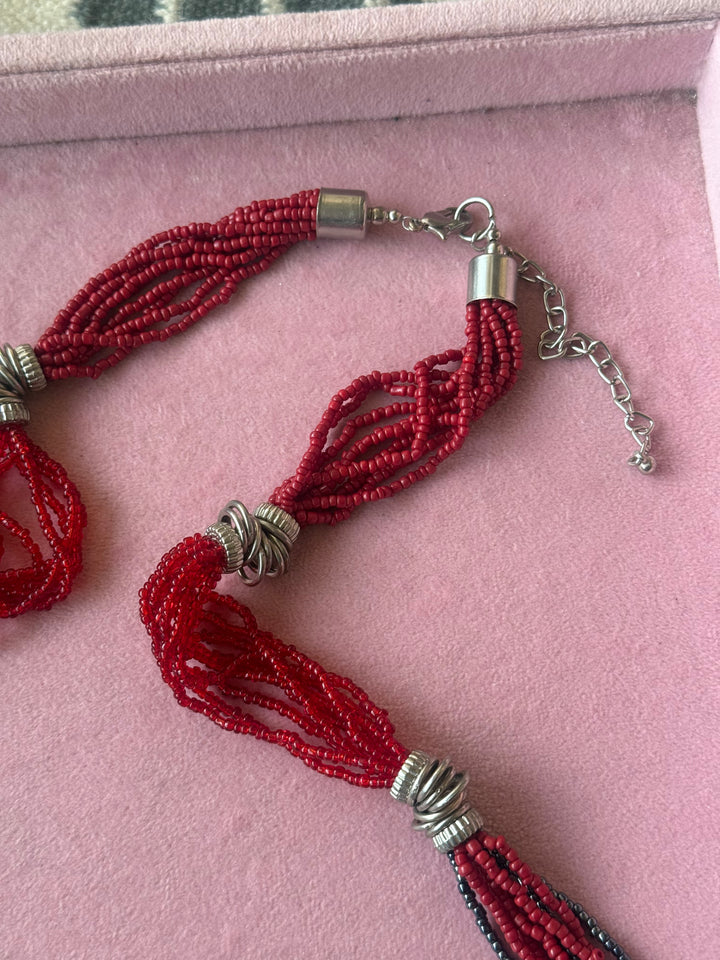 Red Beaded Necklace with Silver Spirals