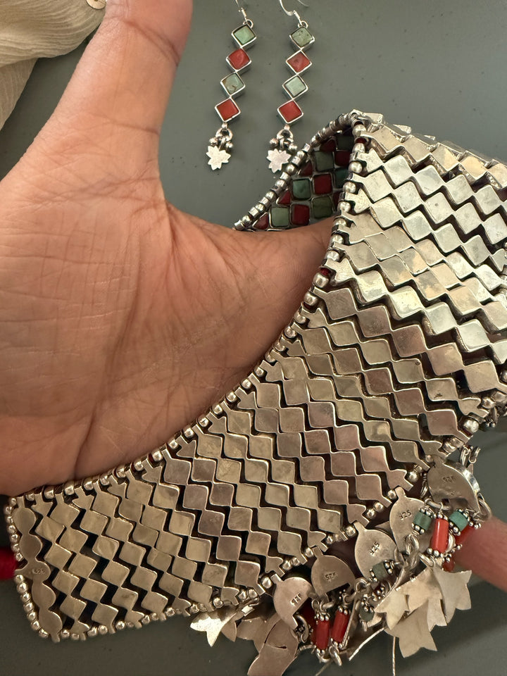 Tasseled 925 Silver Coral & Turquoise Choker Set– SHIVKA