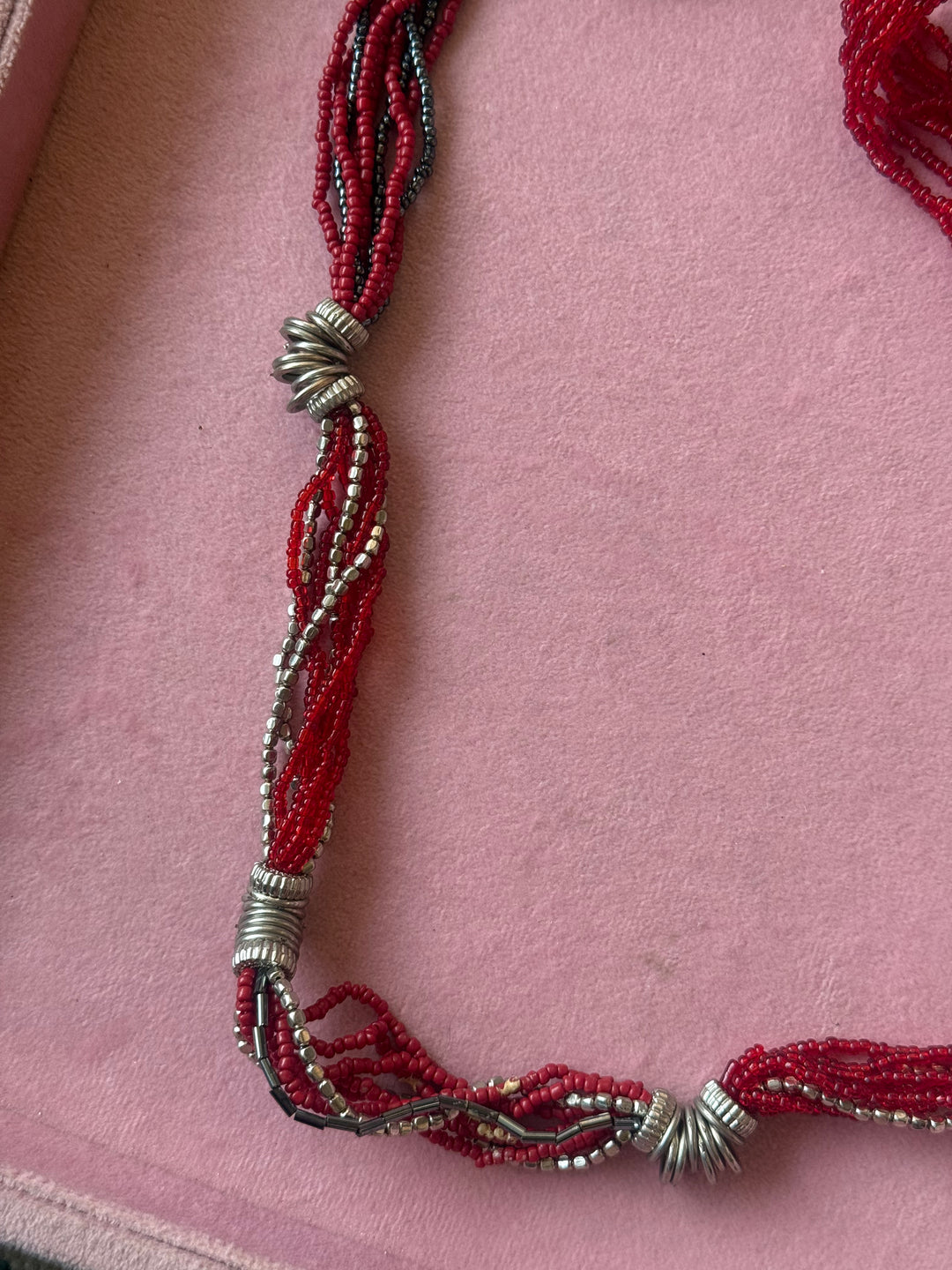 Red Beaded Necklace with Silver Spirals