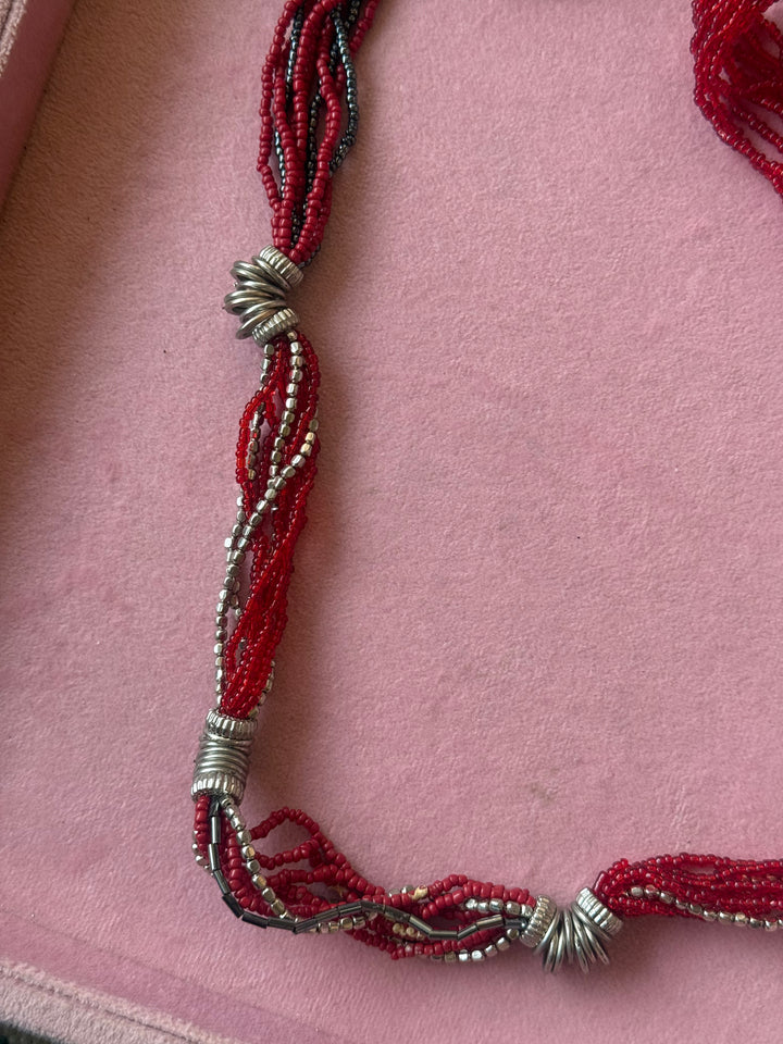 Red Beaded Necklace with Silver Spirals