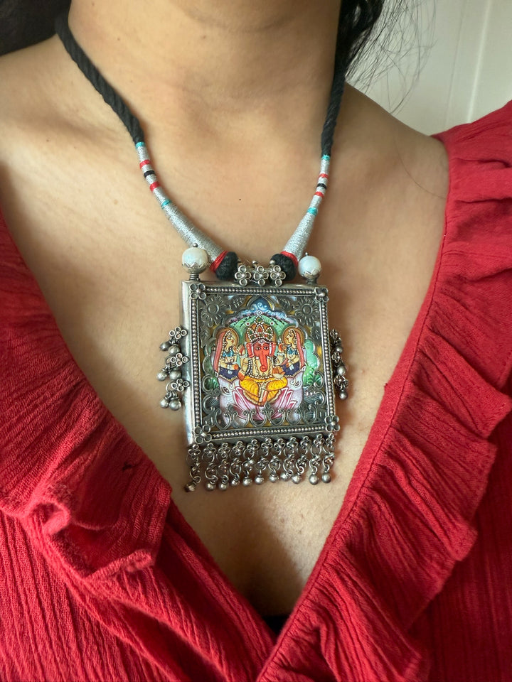 Handmade 925 Silver Handpainted Ganesha Necklace | SHIVKA